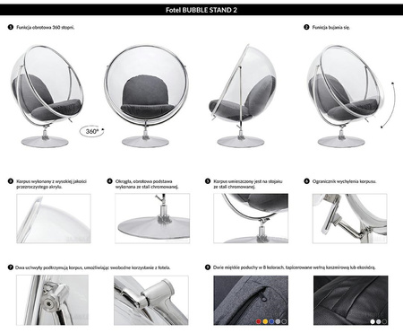 Fotel BUBBLE STAND 2 poduszka szara - akryl, chrom, wełna