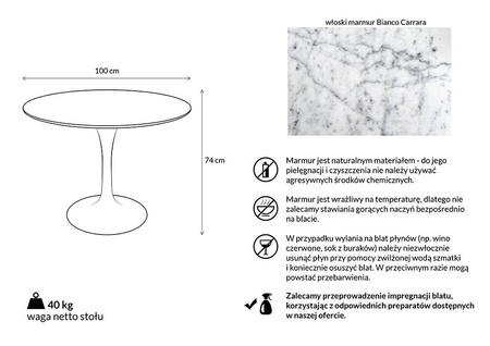 Stół TULIP MARBLE 100 CARRARA biały - marmur, metal